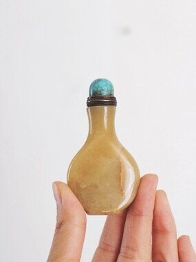 Antique Chinese Russet Jade Snuff Bottle Turquoise Cap Stone Vintage Collectible